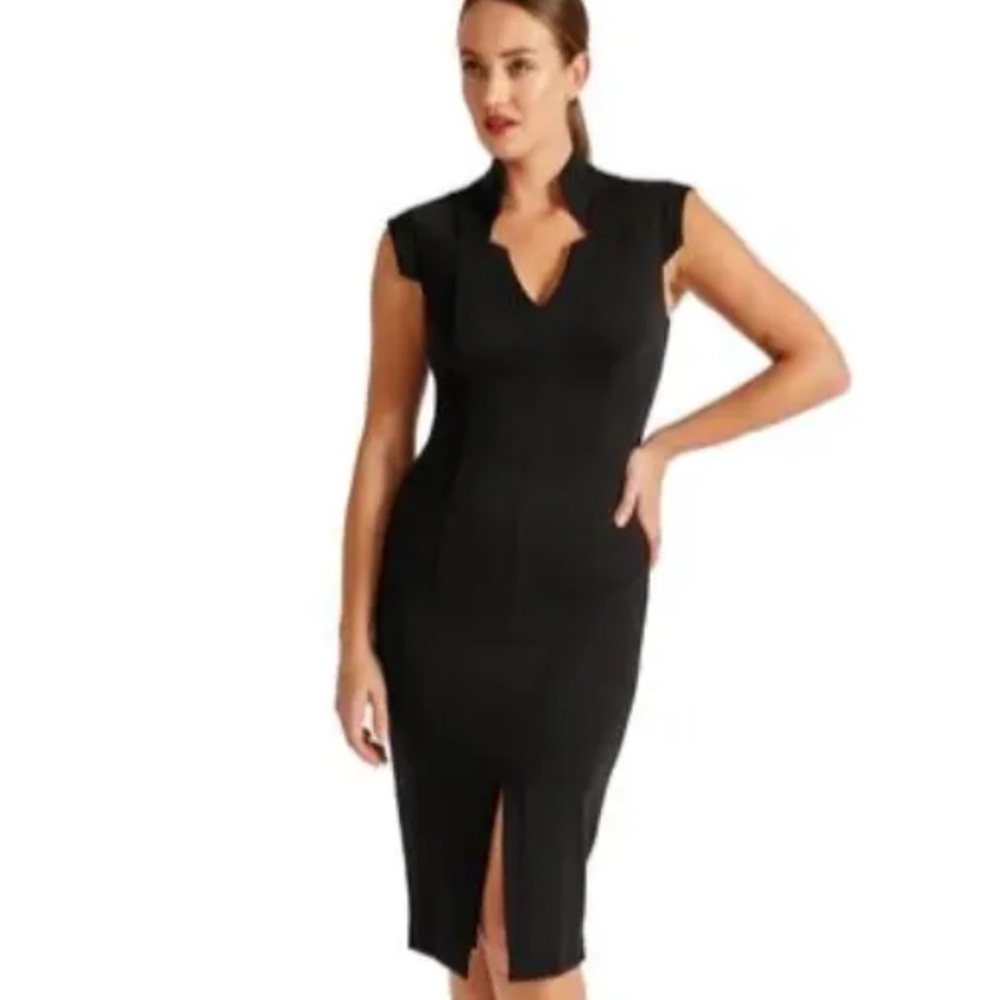 Simona Maghen Adeline Black Notched Midi Dress - size 4 Small NWT